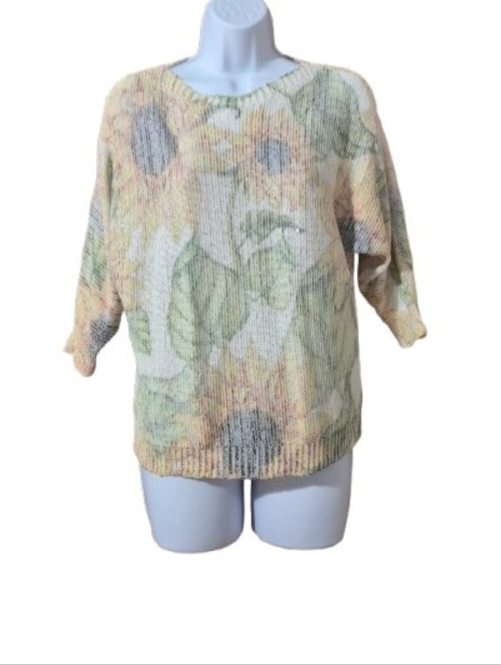Sioni Pastel Sunflower Lightweight Sequins Boat Neckline Sweater 3/4 Sleeve EUC